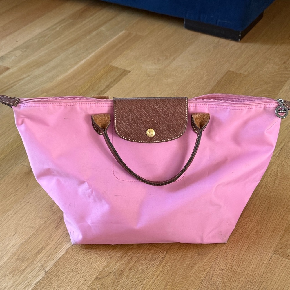 Used Longchamp Pink Tote Bag with Brown Accents